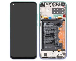 Előlap kijelző Huawei P40 Lite E (lcd, érintőpanel, átvezető fóliával, kerettel akkumulátorral) Aurora Blue 02353FMX